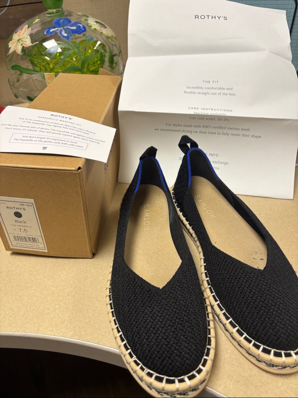Rothy's Black Knit Espadrille Flats with Natural Trim